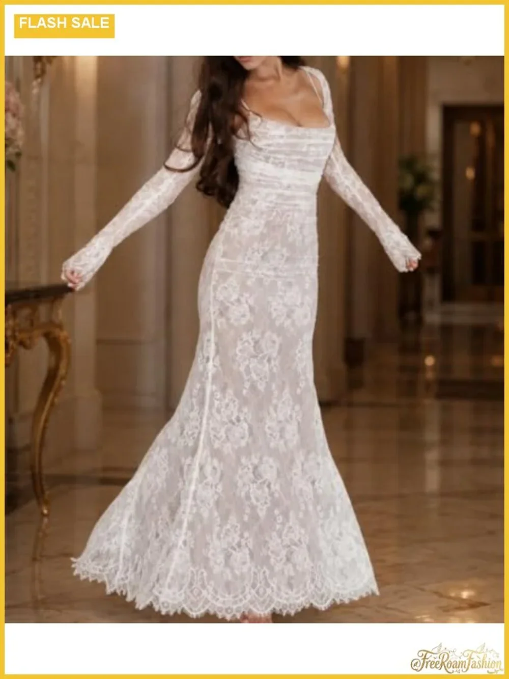 Vintage Lace Maxi Dress Long Sleeve Bodycon Mermaid Prom